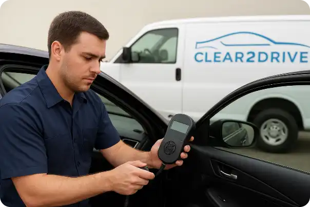 A technician uses a handheld diagnostic device on a car door, with a CLEAR2DRIVE van visible in the background.